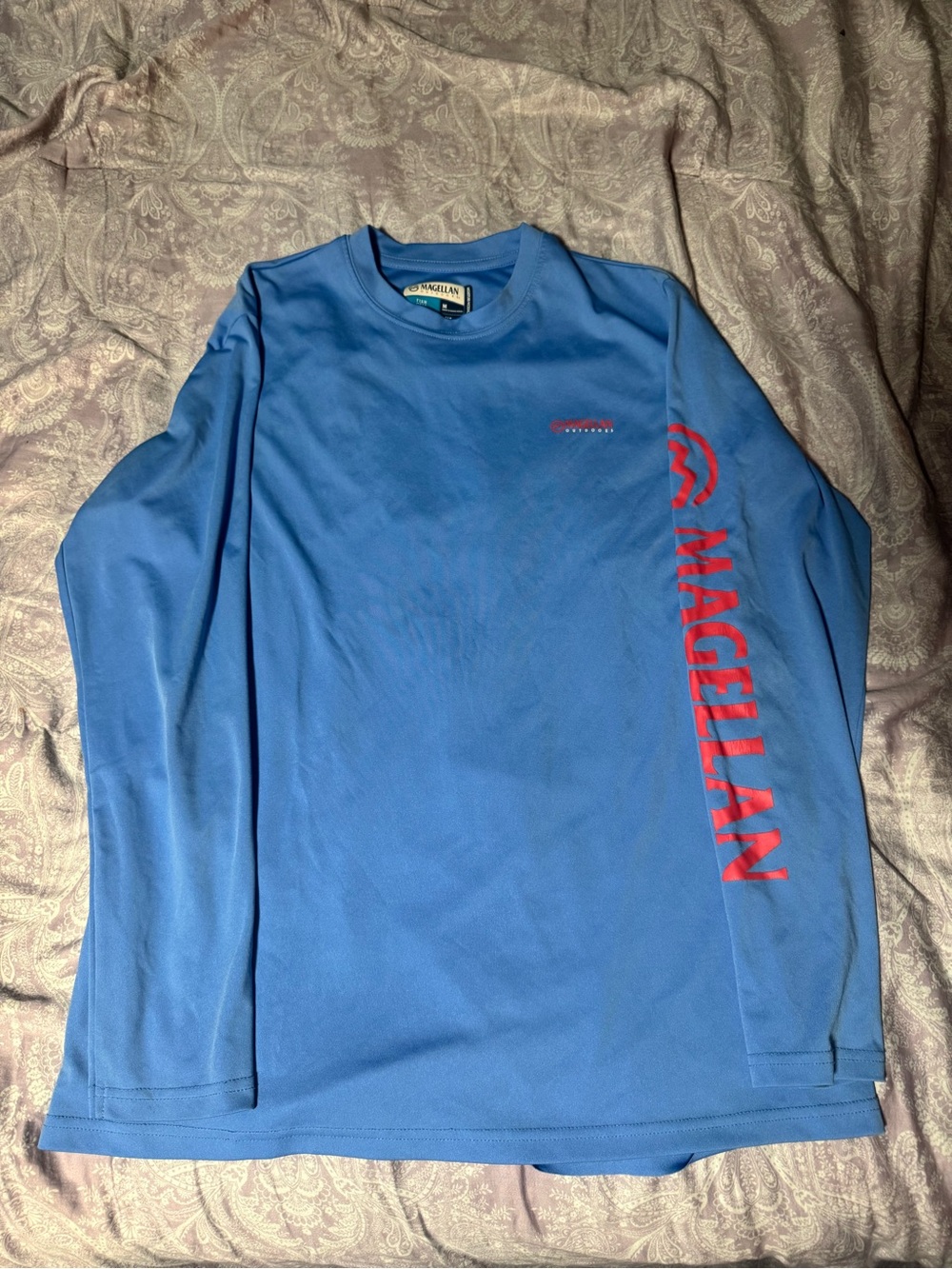 Magellan Outdoors Men's Long-Sleeve Blue Performance Shirt with Red Sleeve Logo